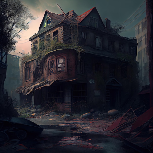 Dark gloomy ruins of postapocalyptic city in remains of houses