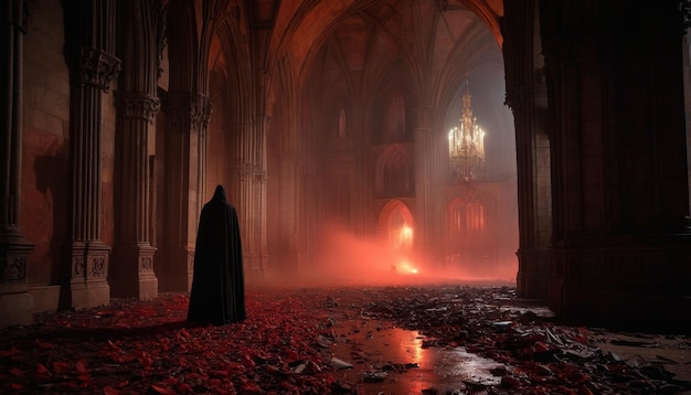 Photo dark gothic cathedral with mysterious figure