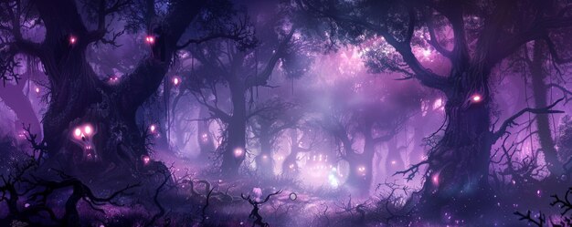 Dark Gothic fantasy background with a black and purple color scheme showcasing a haunted forest