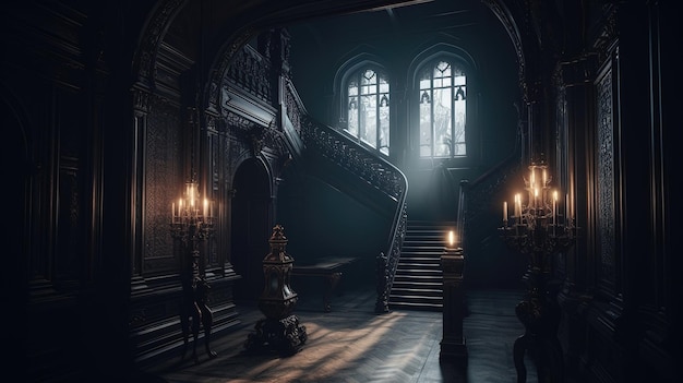 Dark gothic mansion hall in victorian style interior with staircase and lamp holders Ai generated