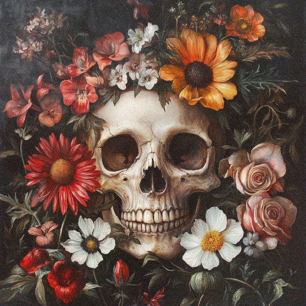 Dark Gothic Skull and Roses Pattern Detailed Dia de Muertos Floral Art