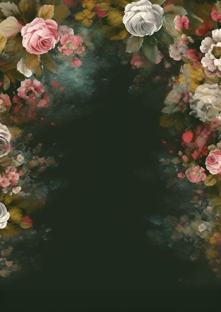 A dark green background with a floral border and pink roses.