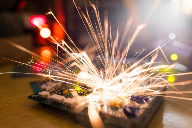 A dark green electronic printed circuit chip for TFT with bright multicolored wires lies on the wooden table of a talented engineer and sparkles with bright electric sparks of current