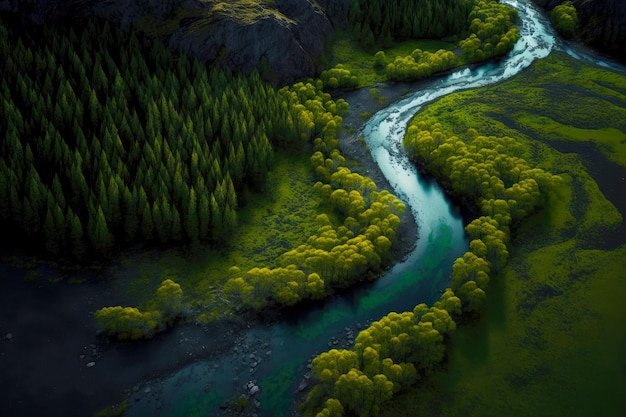 Dark green forest on banks of iceland aerial river