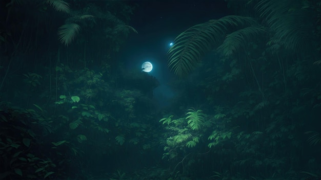 The dark green jungle with moonlight