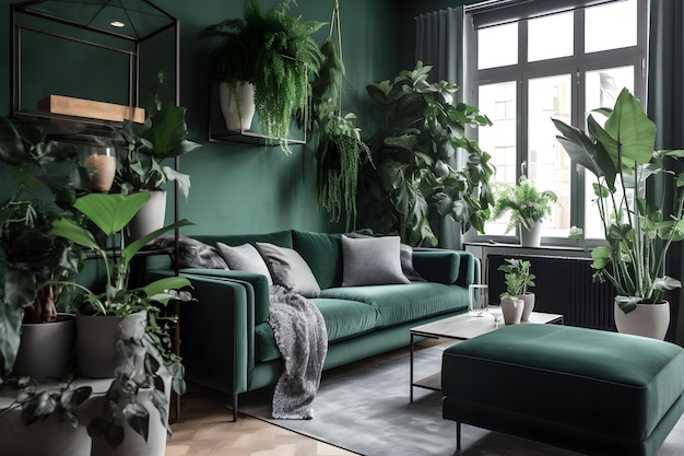 A dark green living room with a green sofa and a large window with plants on the wall.