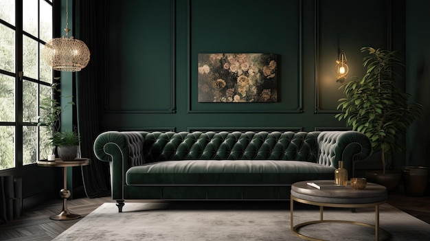 A dark green living room with a velvet sofa and a gold coffee table.