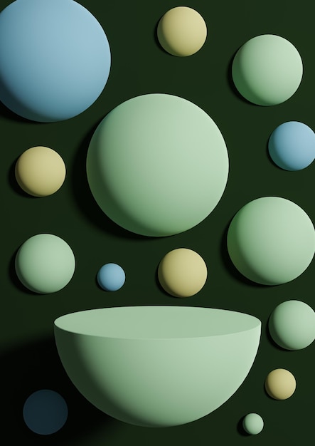 Dark green minimal product display background abstract colorful bubbles or spheres podium stand