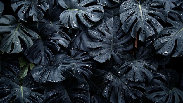 Photo dark green monstera leaves covered in water droplets