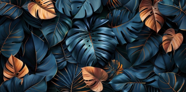 Dark green and navy blue tropical leaves with copper accents seamless pattern background