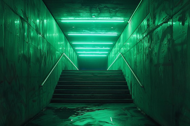 a dark green neon lit tunnel with stairs leading to a dark room