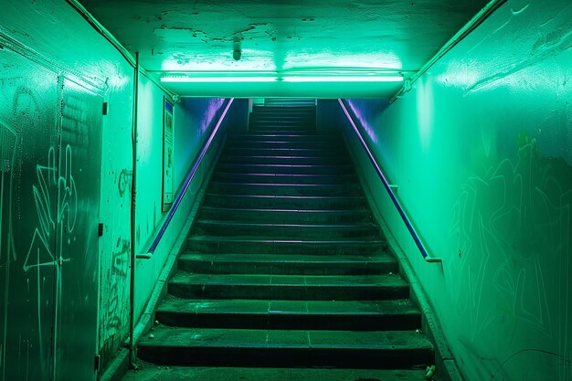 a dark green neon lit tunnel with stairs leading to a dark room