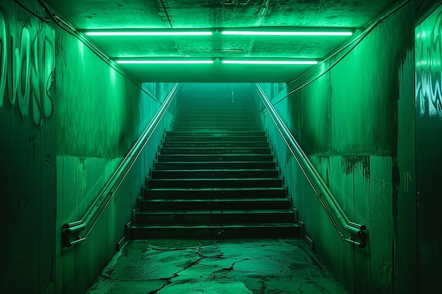 a dark green neon lit tunnel with stairs leading to a dark room