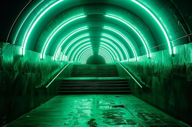 a dark green neon lit tunnel with stairs leading to a dark room