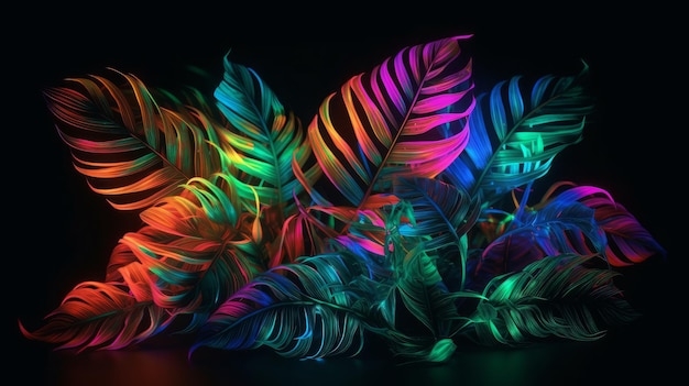 Dark green tropical leaves colorful neon light backlight leaves composition