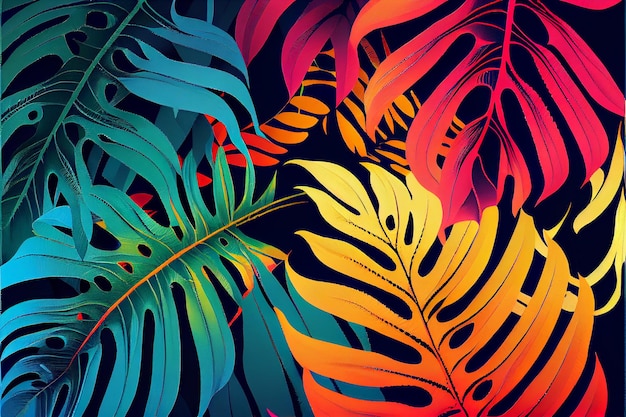 Dark green tropical leaves colorful neon light backlight manstera palm Generative AI