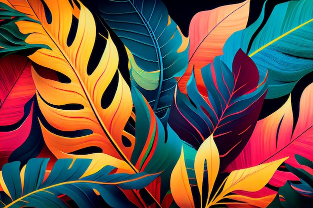 Dark green tropical leaves colorful neon light backlight monstera palm Generative AI