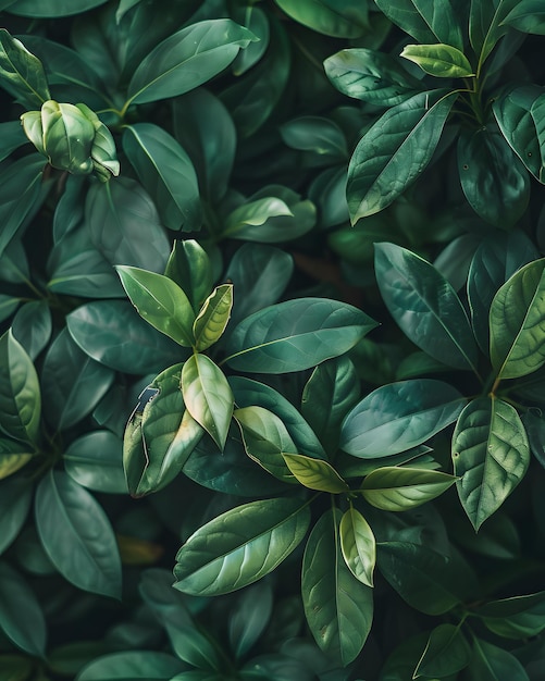 Dark green tropical leaves top view Floral background