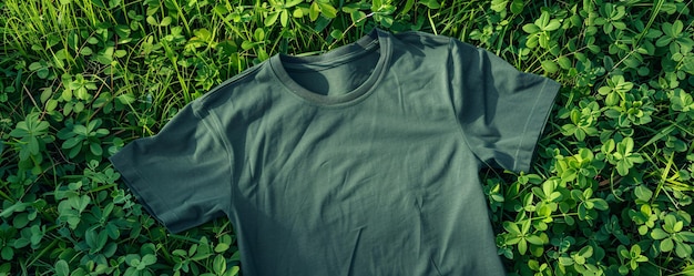 Photo dark green tshirt rests on a vibrant green grass backdrop creating an ideal space