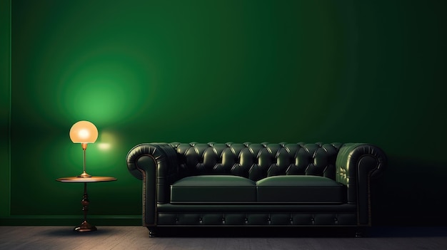 A dark green wall with a black leather sofa and a small table with a lamp on it.