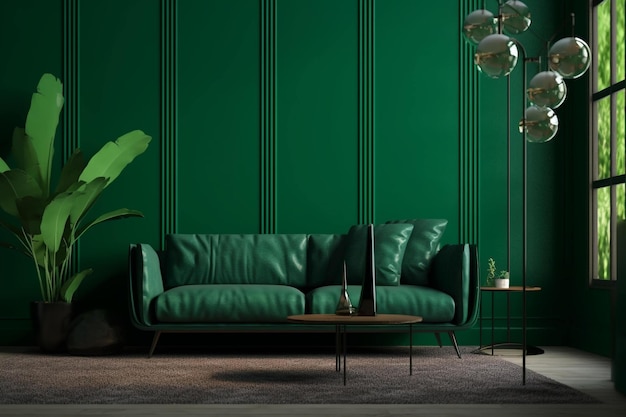 Dark green wall with modern furniture in living room Generative AI