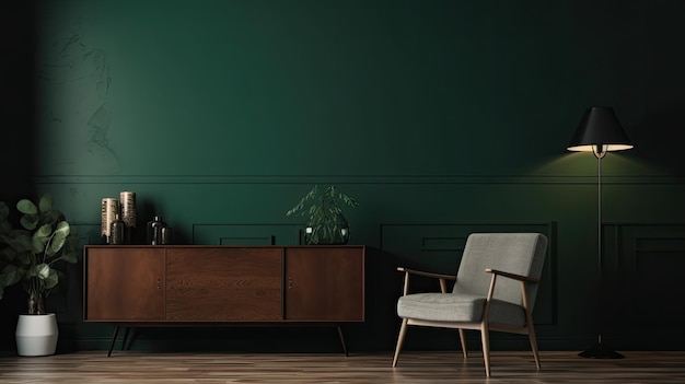 A dark green wall with a white chair and a wooden cabinet with a white chair in front of it.