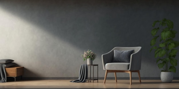 dark grey armchair and a wooden table in the living room interior with copy space concrete wall