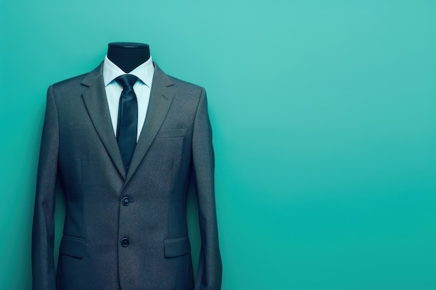 Photo a dark grey suit on a mannequin against a teal wall