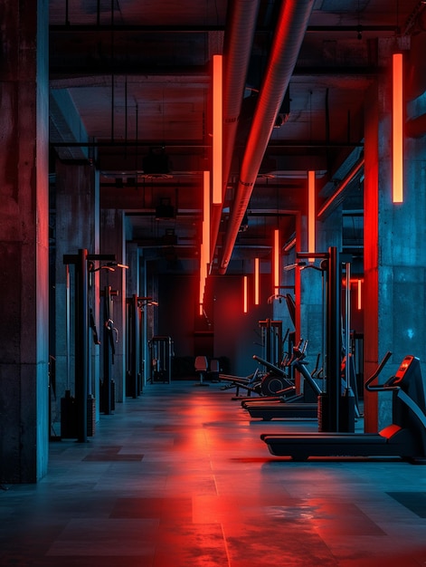 A dark gym with a red light on the wall and a black bar with weights on the floor