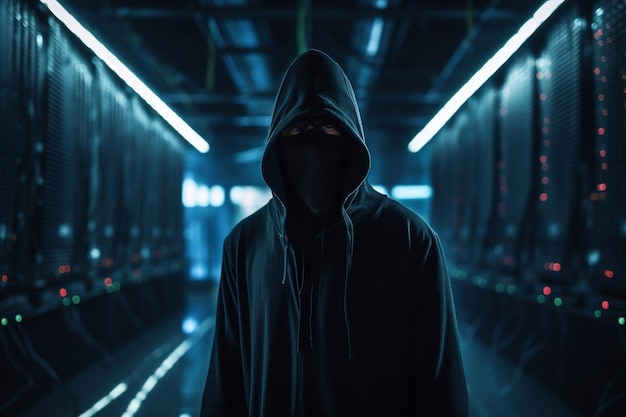 Dark hacker with hood and mask inside of data center generative ai