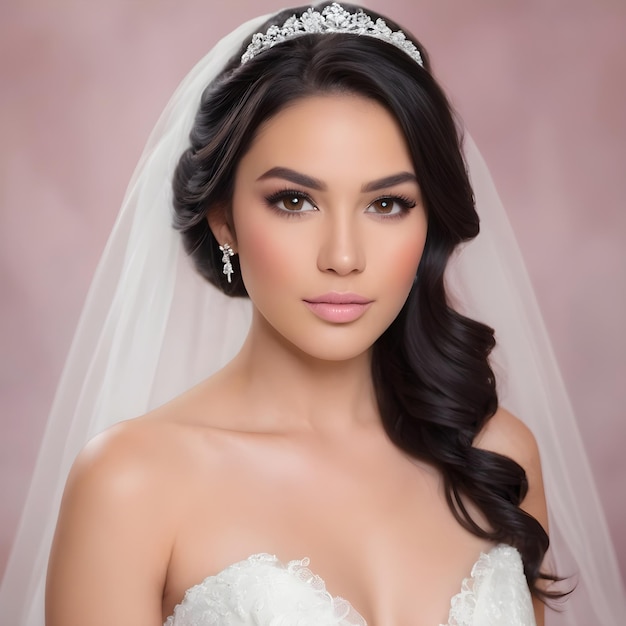 Dark hair bride wearing soft makeup neutral eye shadows fluttery lashes soft blush pink lips