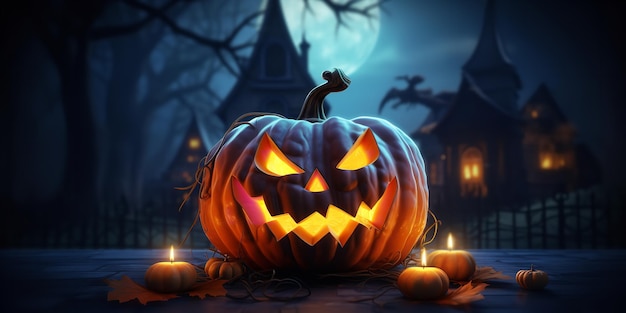 Dark Halloween night is illuminated by glowing pumpkin lanterns Generative Ai