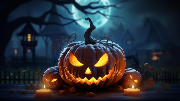 Dark Halloween night is illuminated by glowing pumpkin lanterns Generative Ai