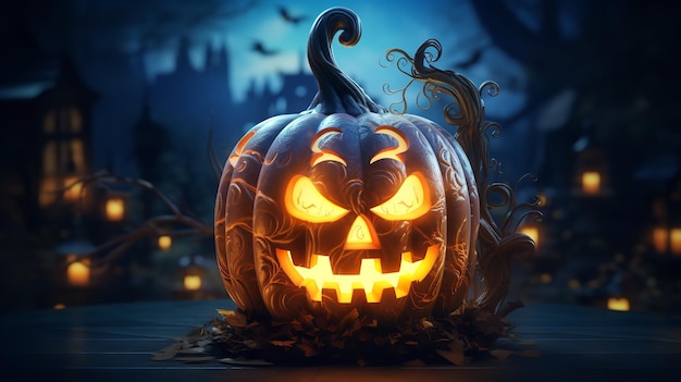 Dark Halloween night is illuminated by glowing pumpkin lanterns Generative Ai