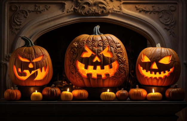 Dark halloween pumpkin with candles and candles in the fireplace