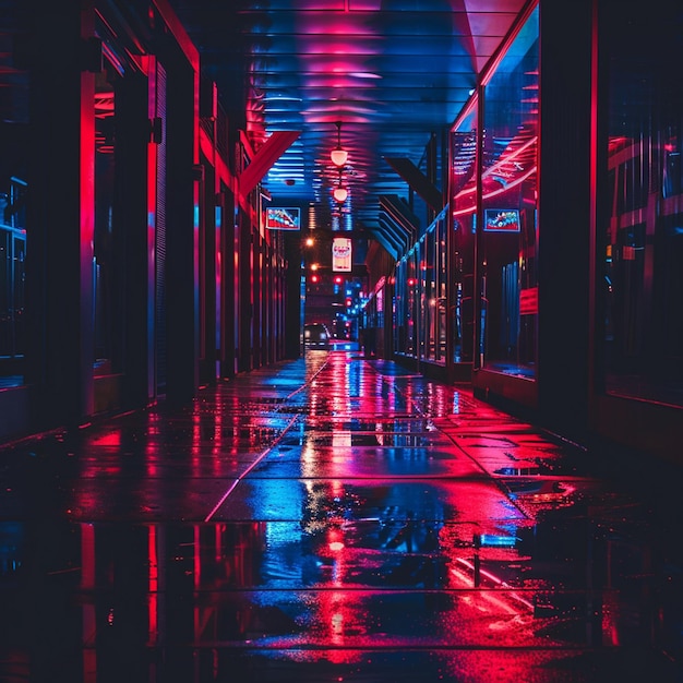 Dark Hallway Illuminated by Red and Blue Lights HighQuality Image