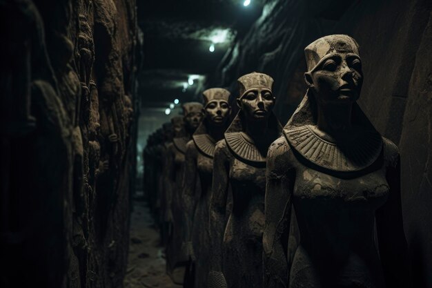 Dark Hallway Lined with Ancient Egyptian Pharaoh Statues Generative ai