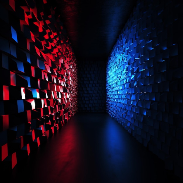 A dark hallway with a blue and red light on the wall.