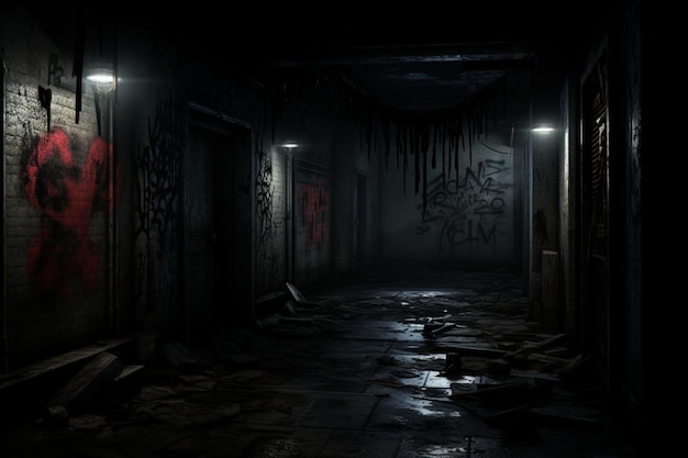 Dark hallway with eerie graffiti and broken window Scary photos493jpg