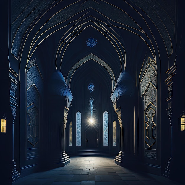 A dark hallway with a light on the ceiling and a window with the word light on it.