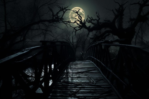 Photo dark haunted bridge with creeping shadows