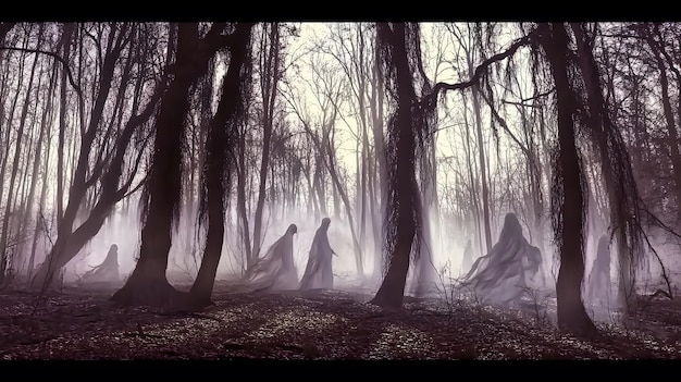 Photo a dark haunted forest with twisted trees eerie fog