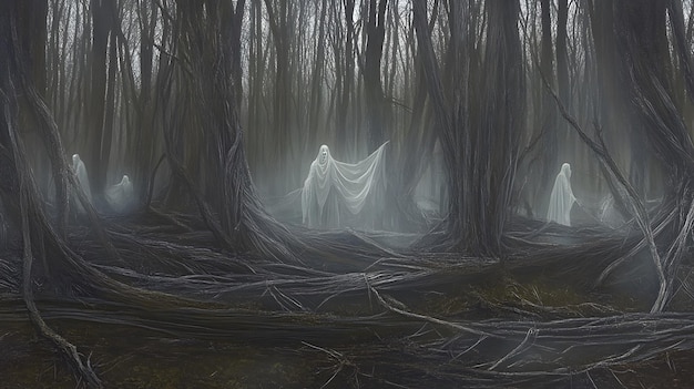 A dark haunted forest with twisted trees eerie fog