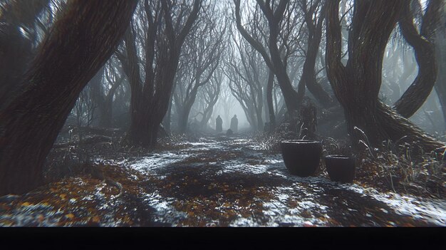 A dark haunted forest with twisted trees eerie fog