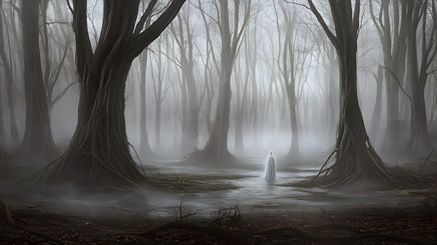 A dark haunted forest with twisted trees eerie fog