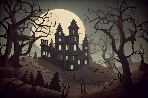 A dark haunted house in a forest with a full moon behind it.