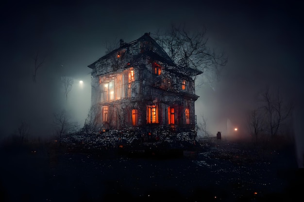 Dark haunted house with illuminated windows at spooky misty dark halloween night neural network generated art