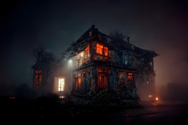 Dark haunted house with illuminated windows at spooky misty dark halloween night neural network generated art