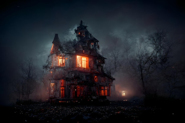 Dark haunted house with illuminated windows at spooky misty dark halloween night neural network generated art