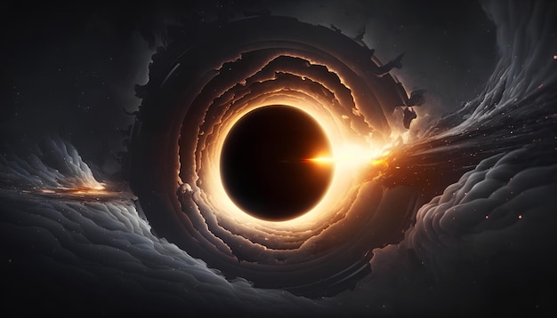 A dark hole with a burning sun in the background